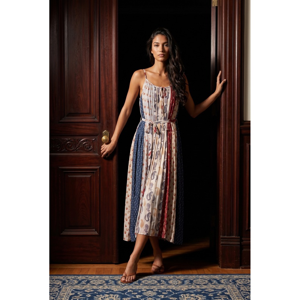 ML Monique Lhuillier Mixed Print Pleated Midi Dress Patchwork Paisley Floral 6